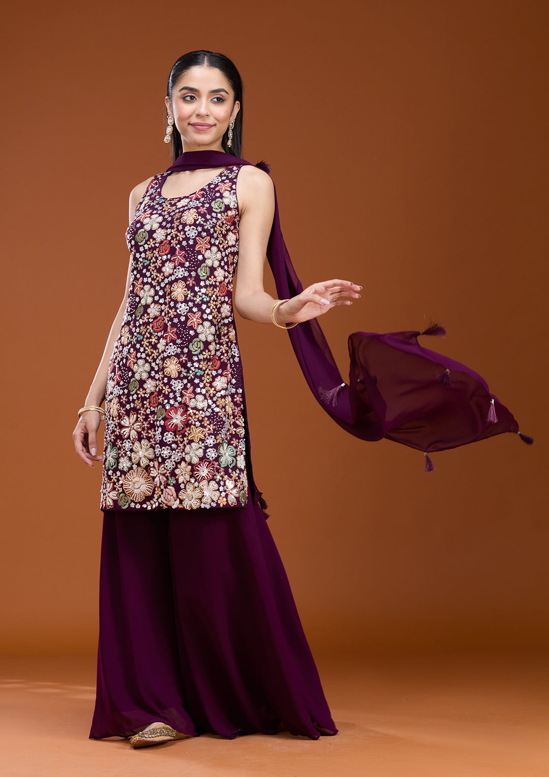 Wine Threadwork Georgette Readymade Salwar Suit