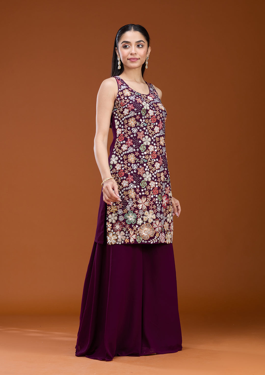 Wine Threadwork Georgette Readymade Salwar Suit