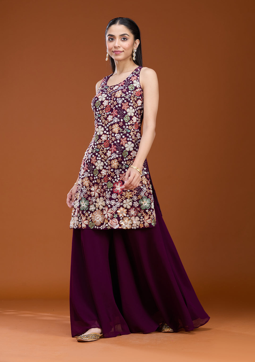 Wine Threadwork Georgette Readymade Salwar Suit