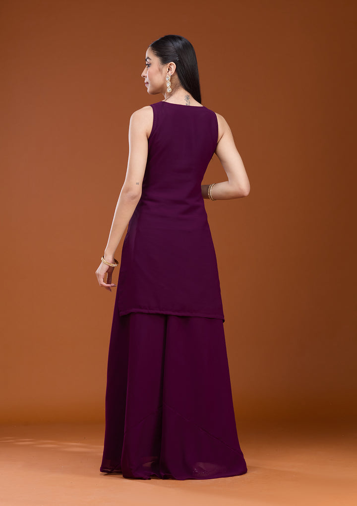 Wine Threadwork Georgette Readymade Salwar Suit