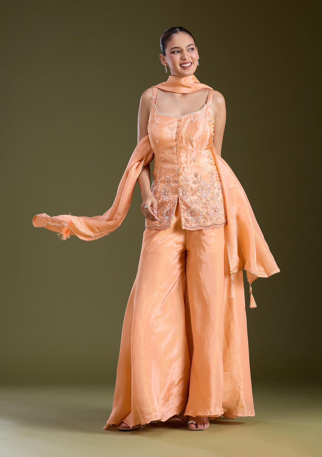 Light Orange Threadwork Satin Readymade Salwar Suit