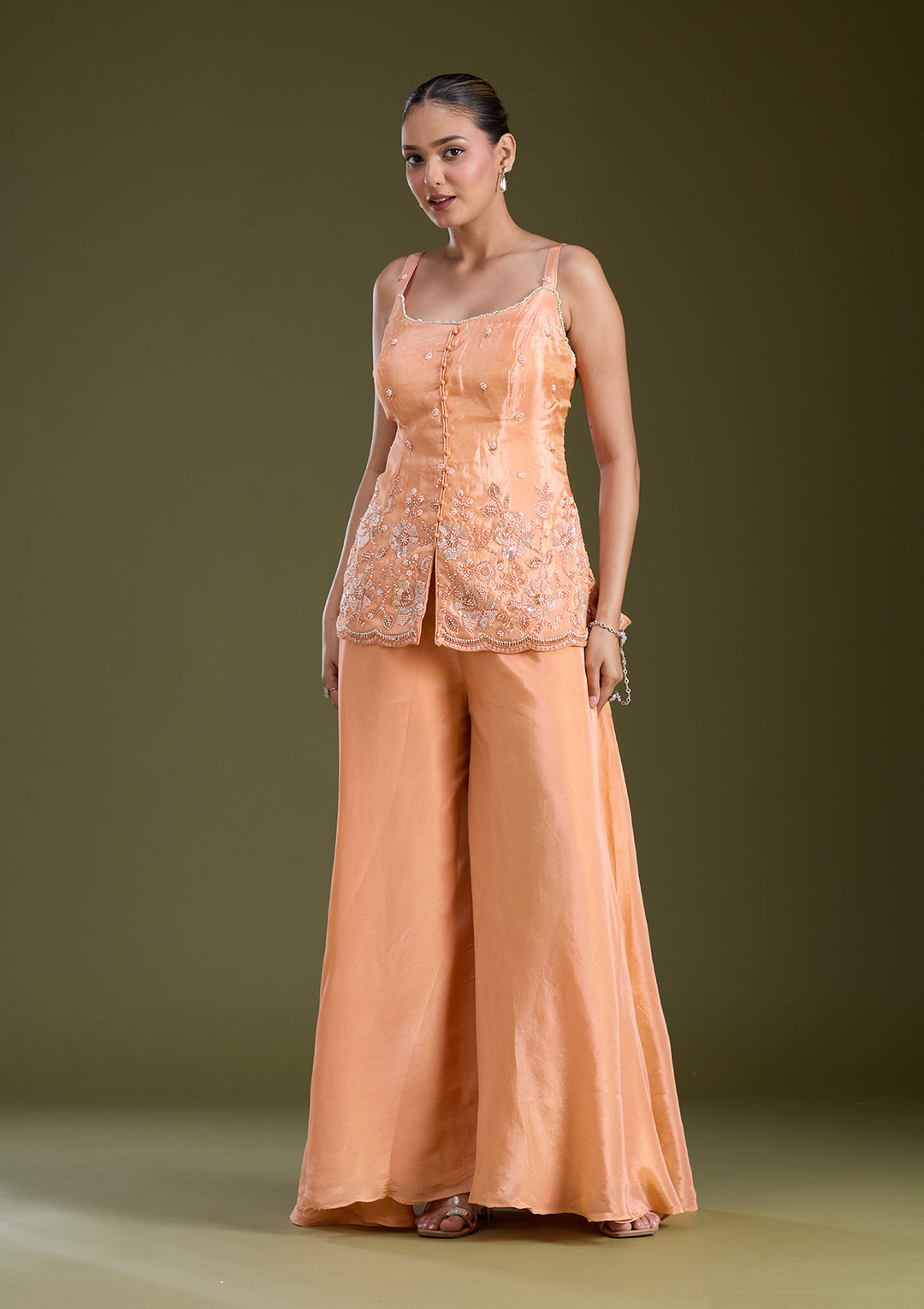 Light Orange Threadwork Satin Readymade Salwar Suit