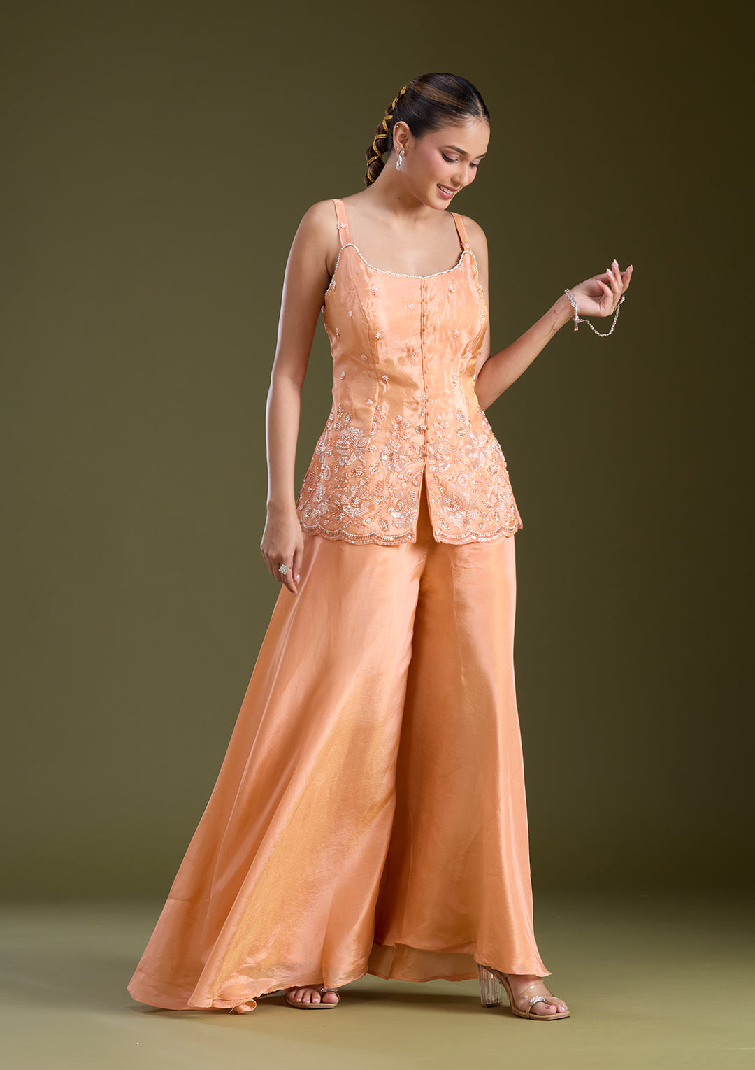 Light Orange Threadwork Satin Readymade Salwar Suit