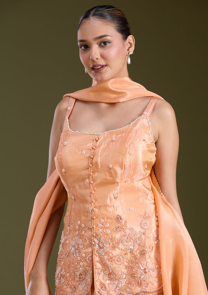 Light Orange Threadwork Satin Readymade Salwar Suit