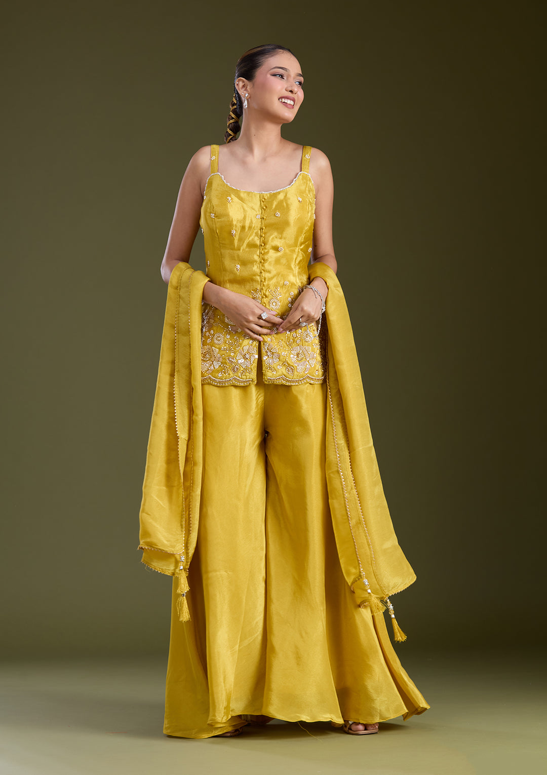 Mustard Yellow Threadwork Satin Readymade Salwar Suit