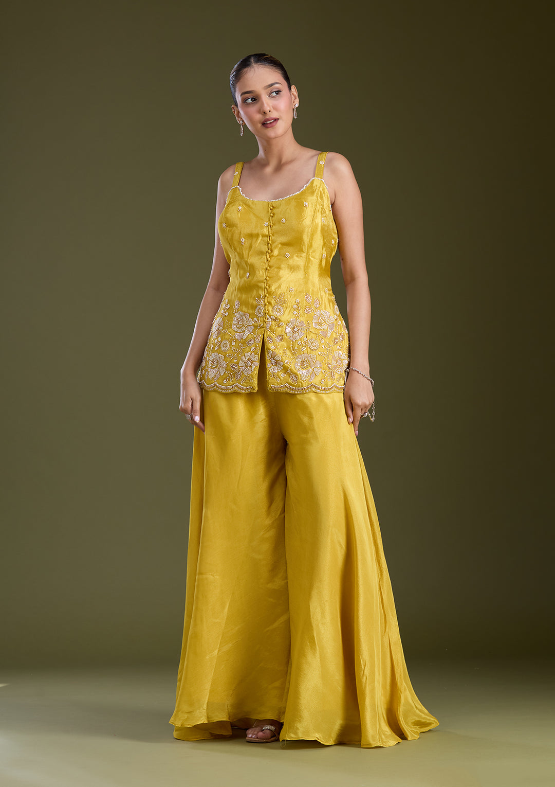Mustard Yellow Threadwork Satin Readymade Salwar Suit