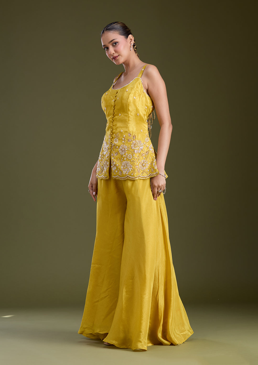 Mustard Yellow Threadwork Satin Readymade Salwar Suit