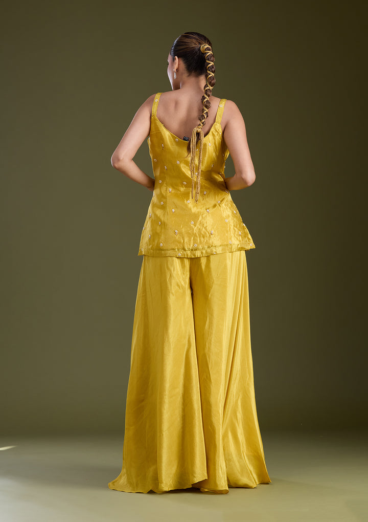 Mustard Yellow Threadwork Satin Readymade Salwar Suit