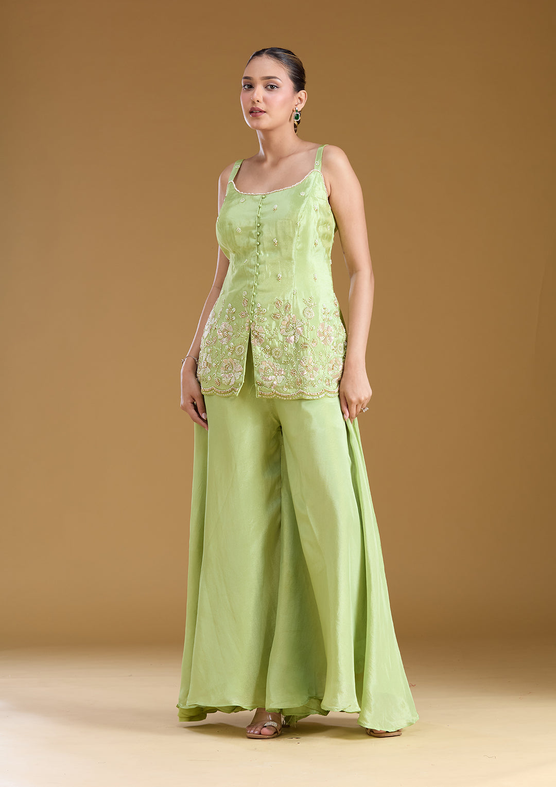 Pista Green Threadwork Satin Readymade Salwar Suit
