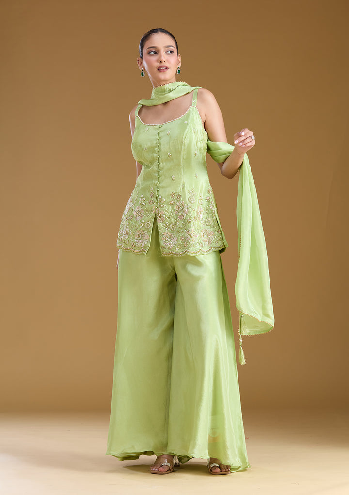 Pista Green Threadwork Satin Readymade Salwar Suit