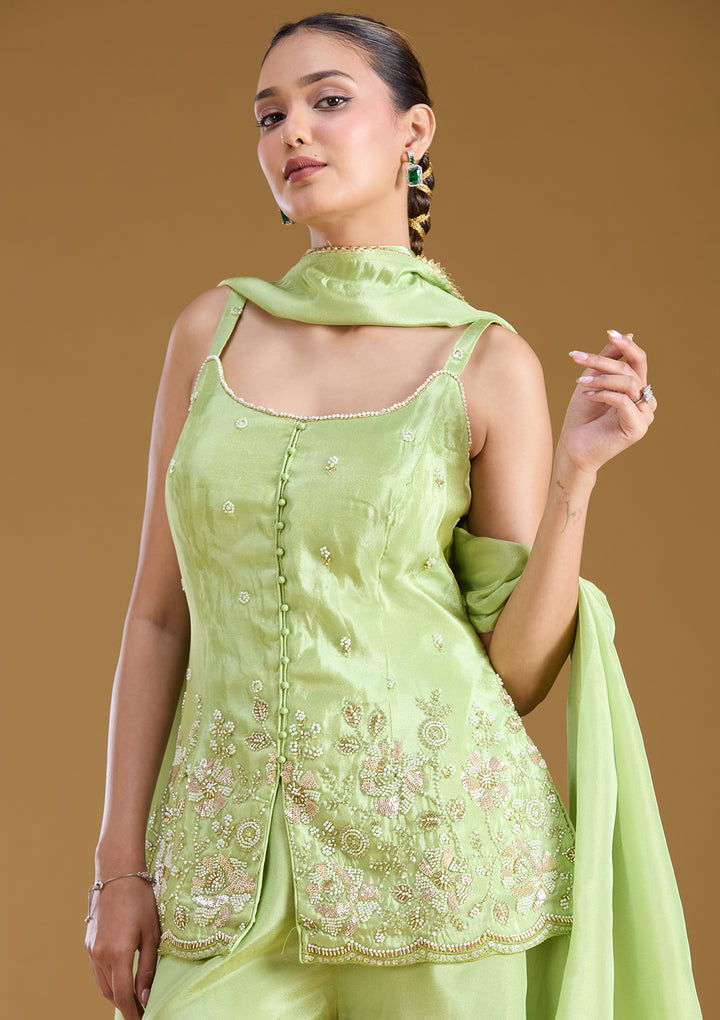 Pista Green Threadwork Satin Readymade Salwar Suit