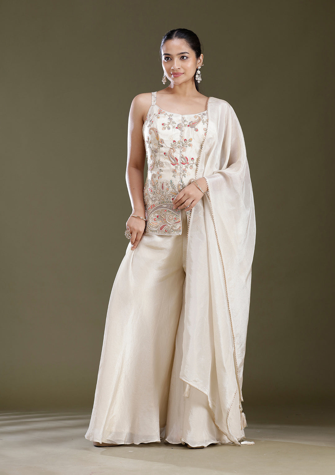 Beige Cutdana Tissue Readymade Salwar Suit