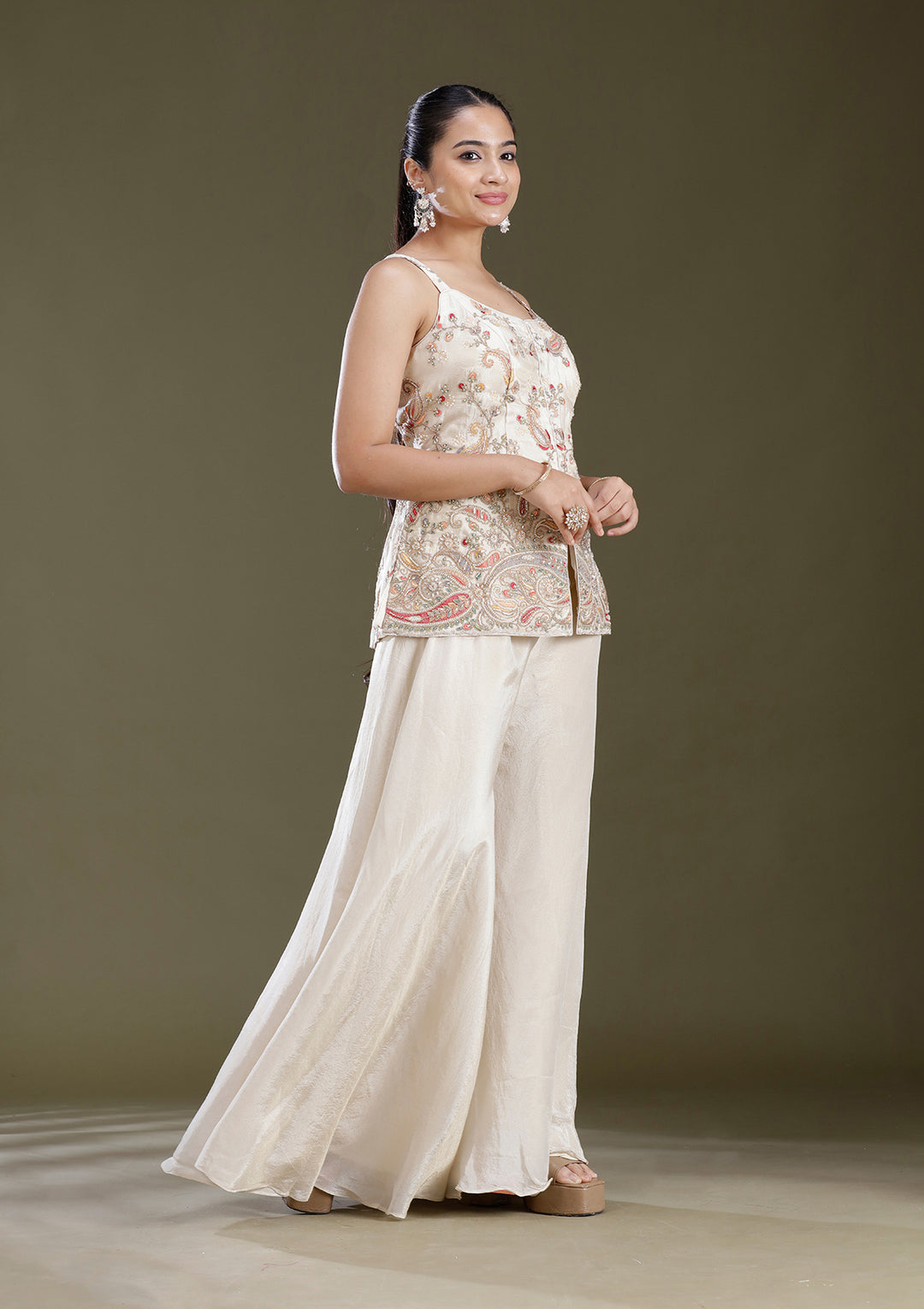 Beige Cutdana Tissue Readymade Salwar Suit