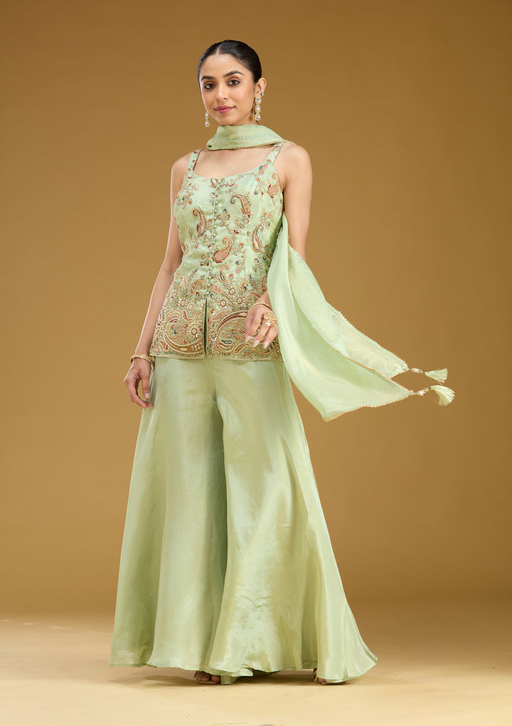 Pista Green Cutdana Soft Raw Silk Readymade Salwar Suit