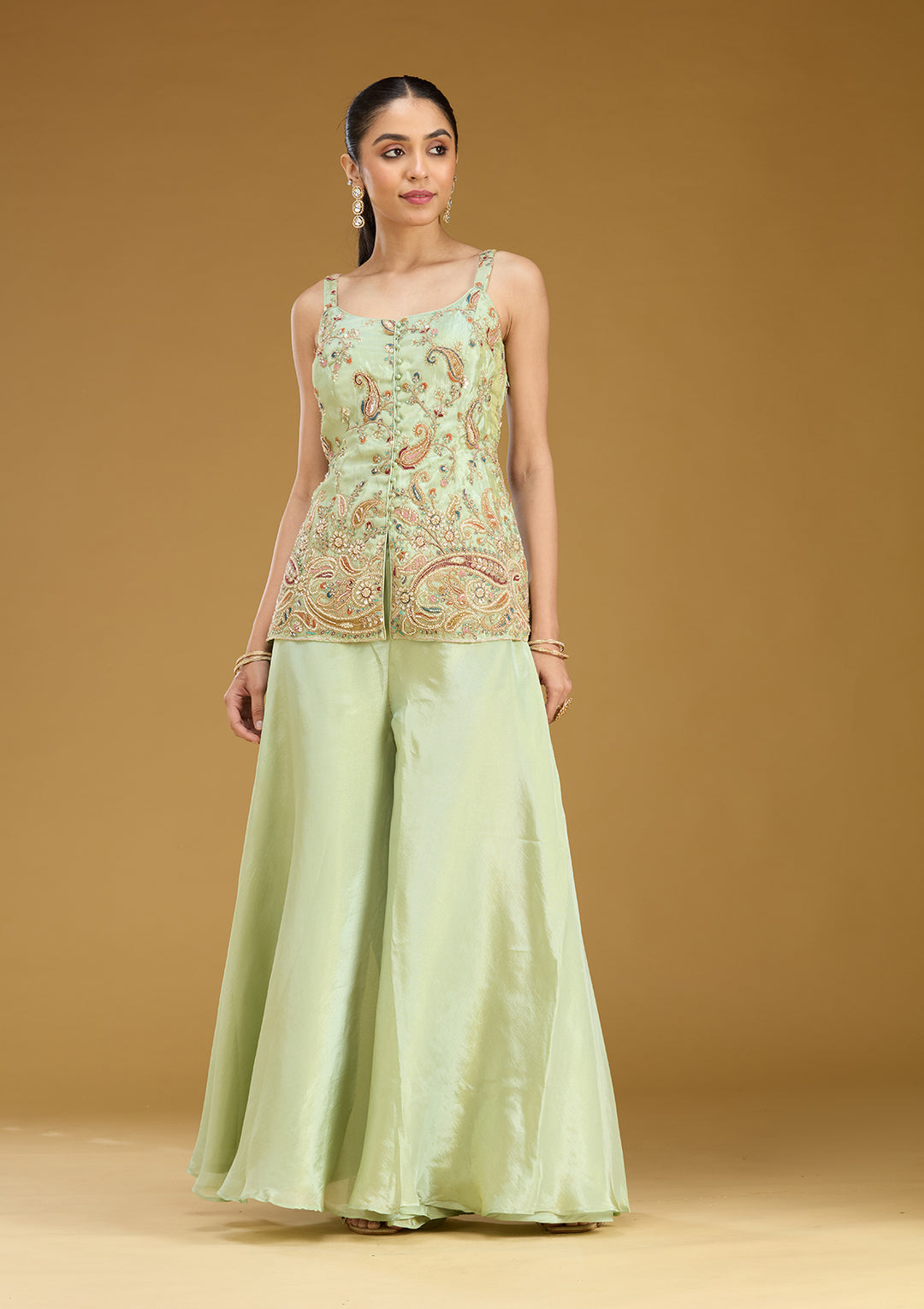 Pista Green Cutdana Soft Raw Silk Readymade Salwar Suit