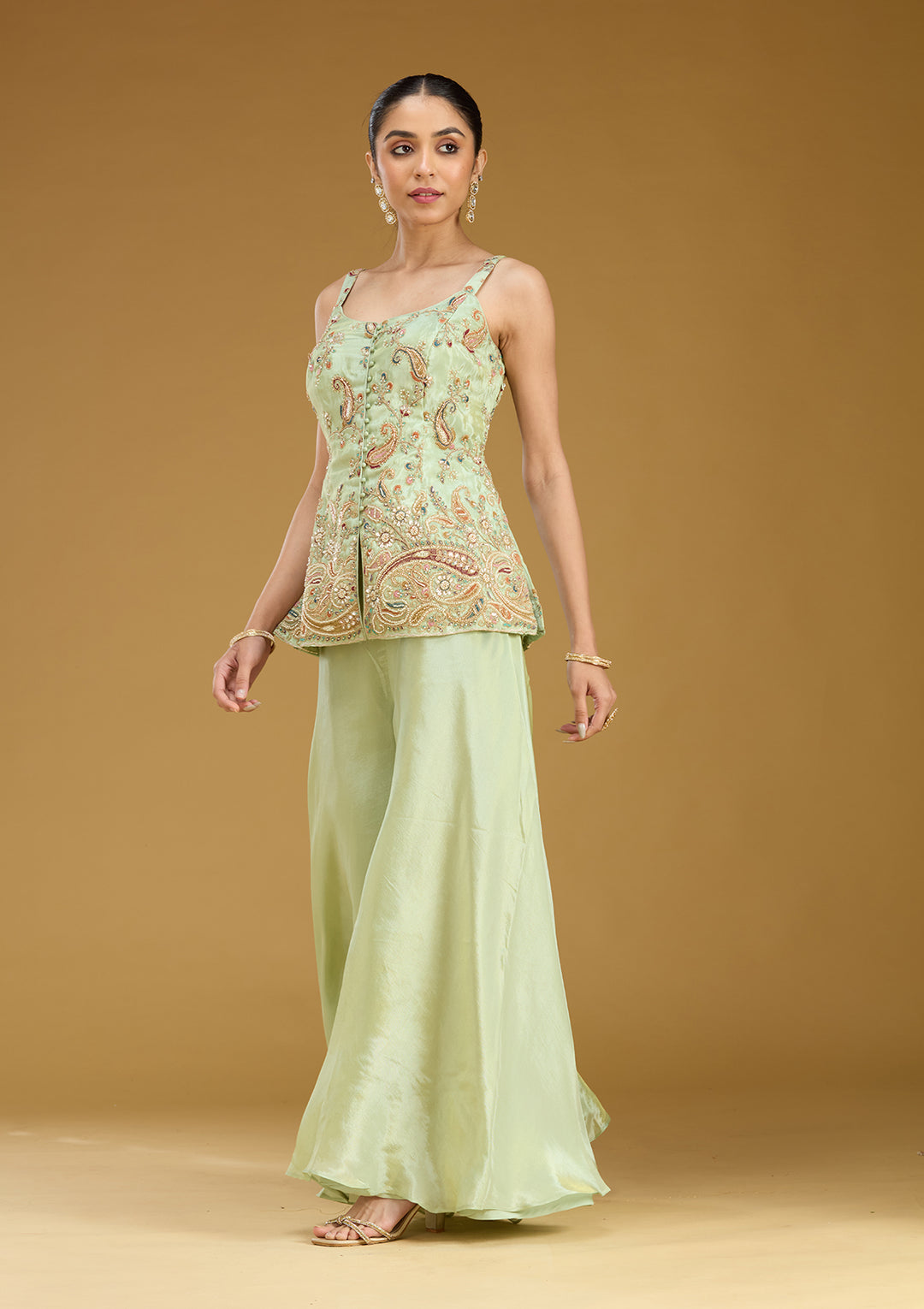 Pista Green Cutdana Soft Raw Silk Readymade Salwar Suit