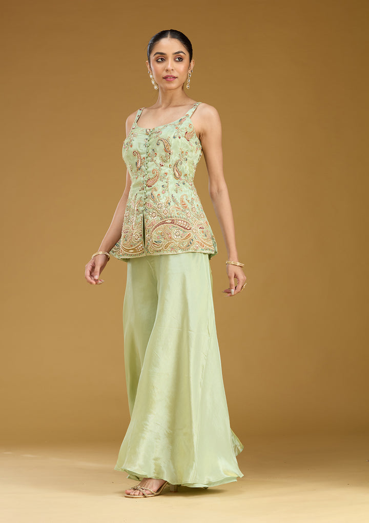 Pista Green Cutdana Soft Raw Silk Readymade Salwar Suit