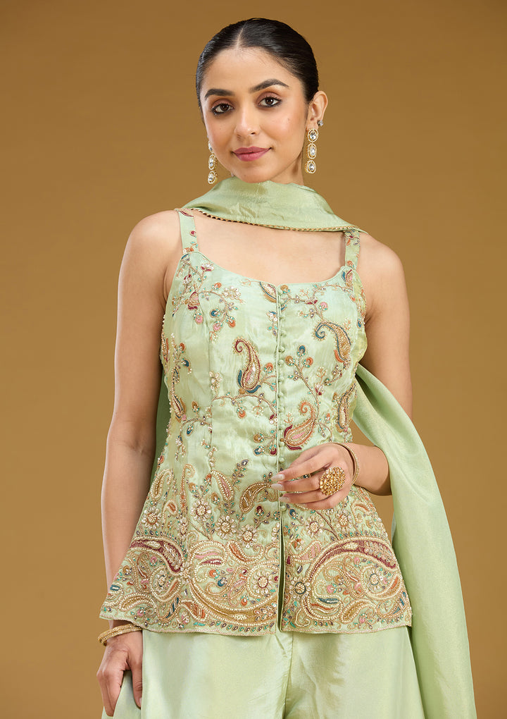 Pista Green Cutdana Soft Raw Silk Readymade Salwar Suit