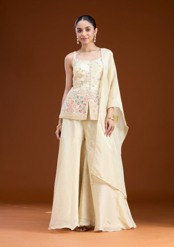 Cream Tissue Cutdana Peplum Kurta With Palazzo And Dupatta