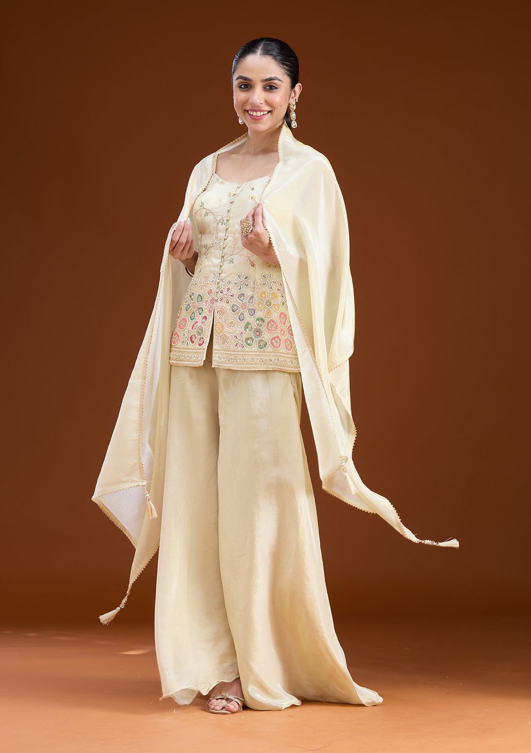 Cream Tissue Cutdana Peplum Kurta With Palazzo And Dupatta