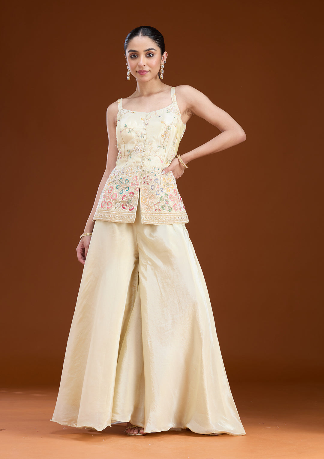 Cream Tissue Cutdana Peplum Kurta With Palazzo And Dupatta