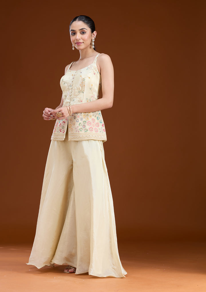 Cream Tissue Cutdana Peplum Kurta With Palazzo And Dupatta