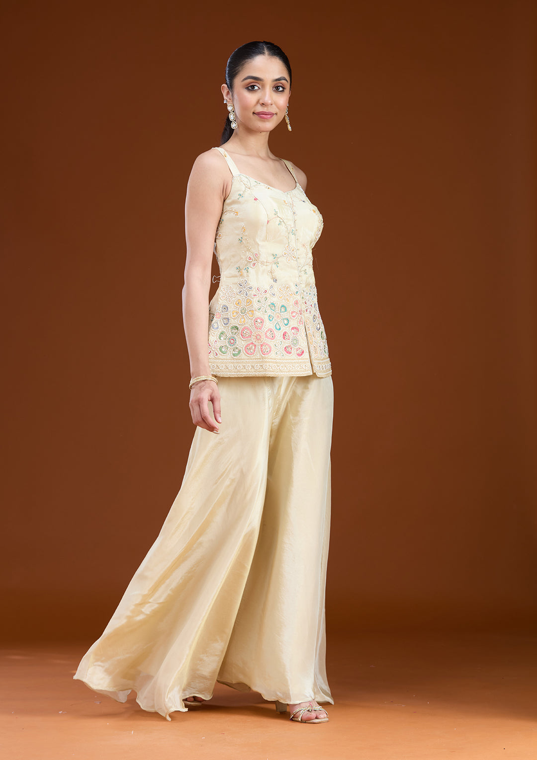 Cream Tissue Cutdana Peplum Kurta With Palazzo And Dupatta
