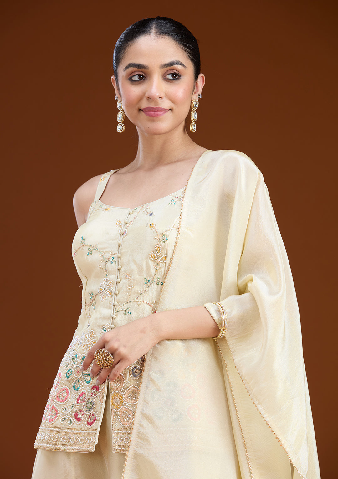 Cream Tissue Cutdana Peplum Kurta With Palazzo And Dupatta