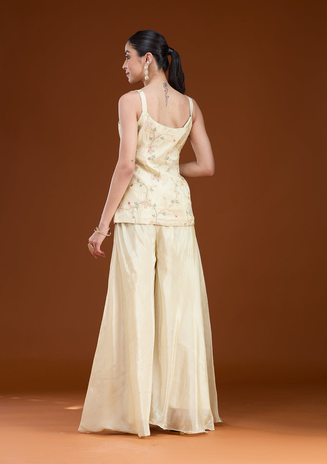 Cream Tissue Cutdana Peplum Kurta With Palazzo And Dupatta