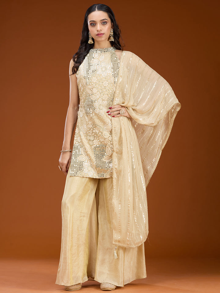 Beige Tissue Threadwork Straight Kurta With Palazzo And Dupatta