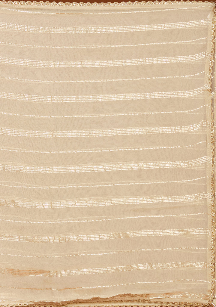 Beige Tissue Threadwork Straight Kurta With Palazzo And Dupatta