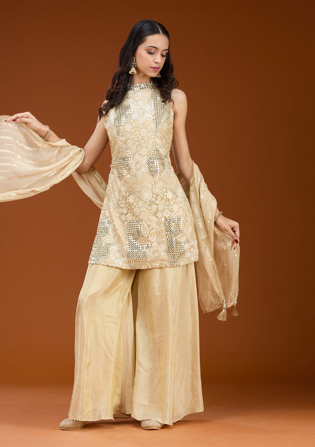 Beige Tissue Threadwork Straight Kurta With Palazzo And Dupatta