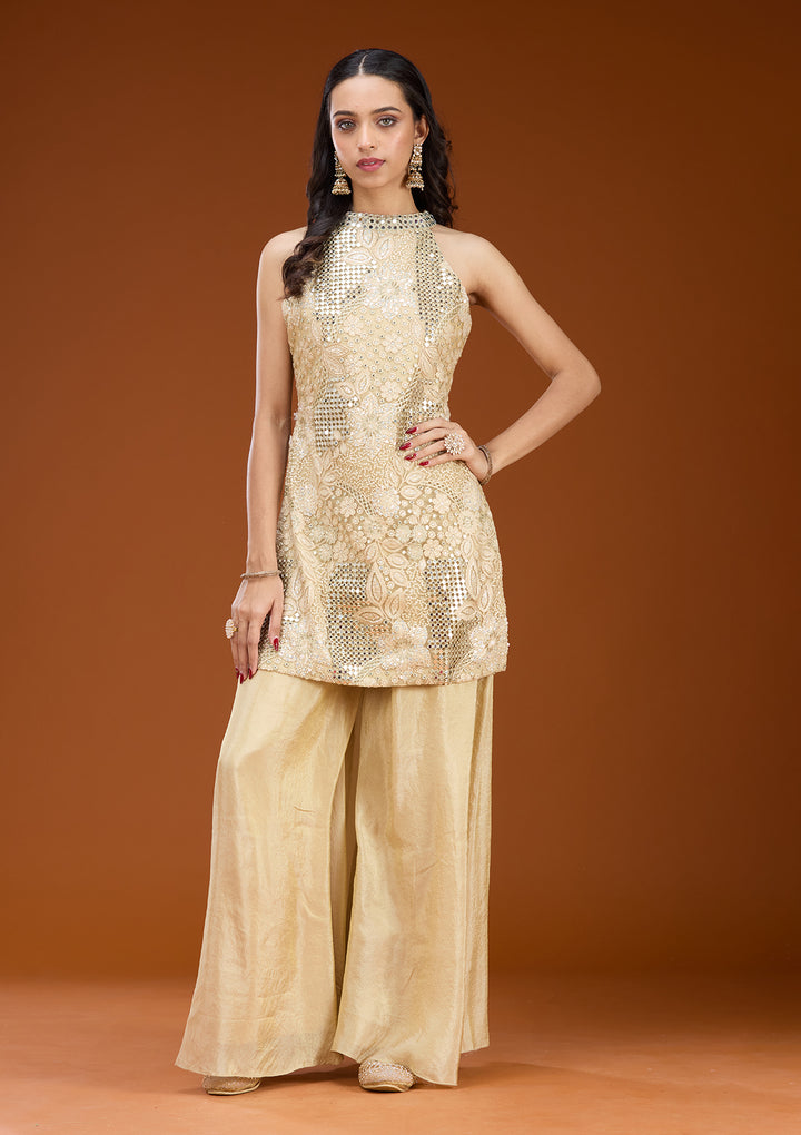 Beige Tissue Threadwork Straight Kurta With Palazzo And Dupatta