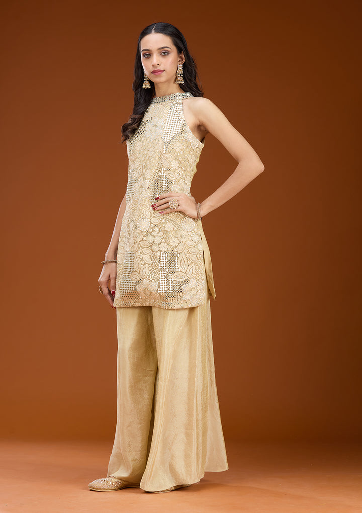 Beige Tissue Threadwork Straight Kurta With Palazzo And Dupatta