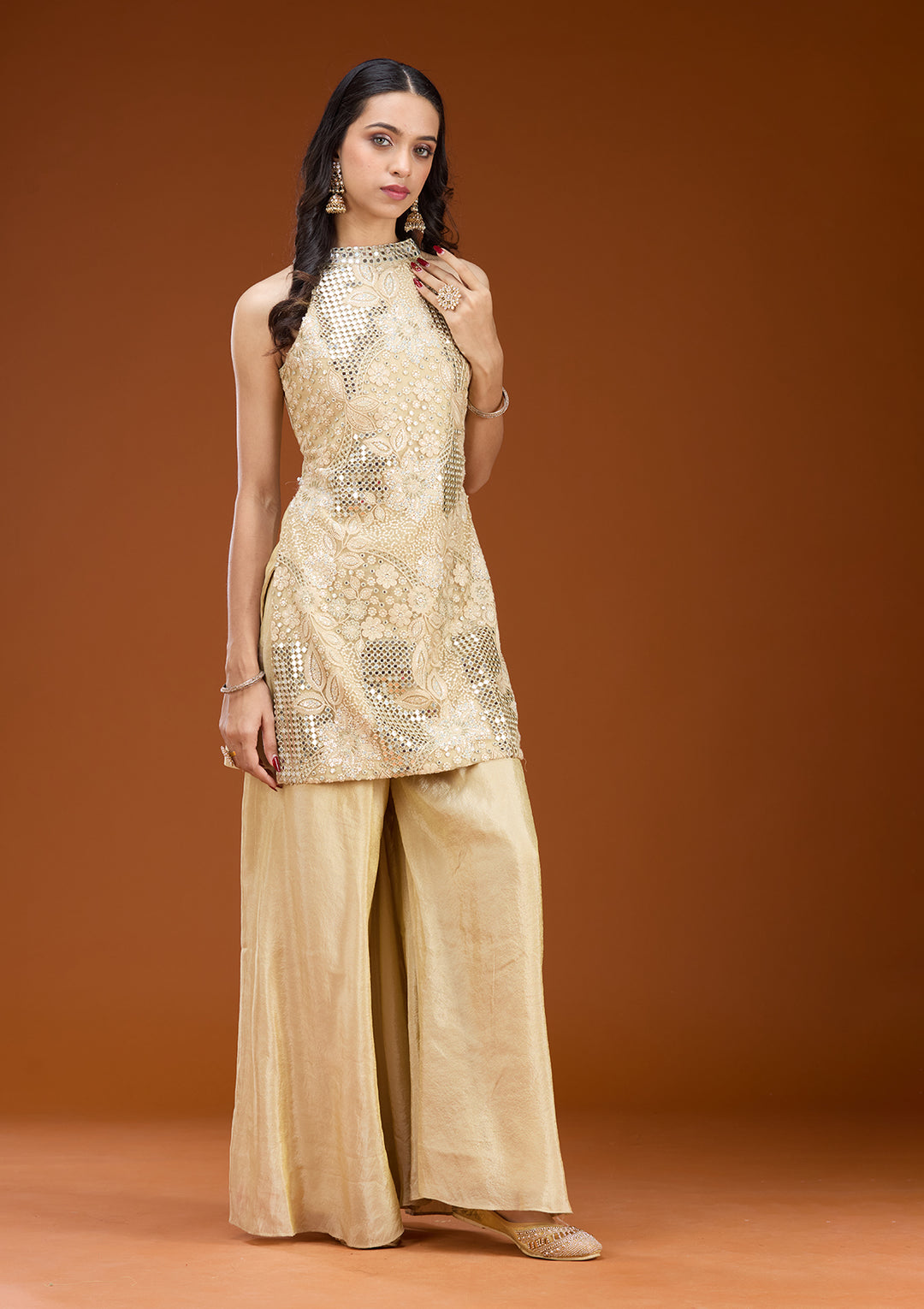Beige Tissue Threadwork Straight Kurta With Palazzo And Dupatta
