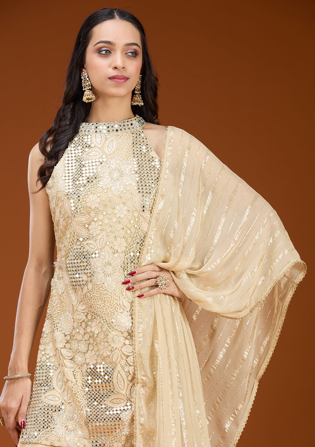 Beige Tissue Threadwork Straight Kurta With Palazzo And Dupatta