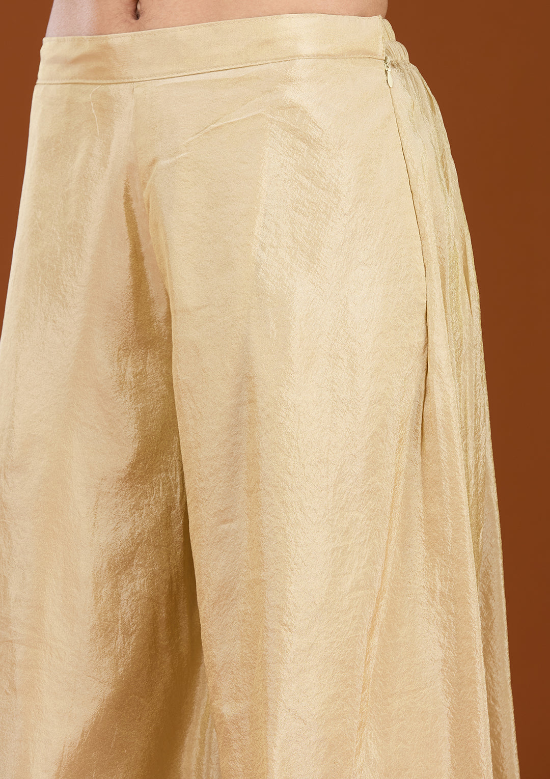 Beige Tissue Threadwork Straight Kurta With Palazzo And Dupatta