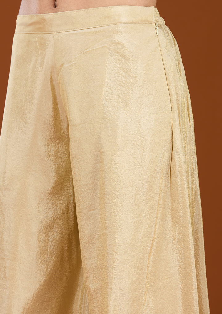 Beige Tissue Threadwork Straight Kurta With Palazzo And Dupatta