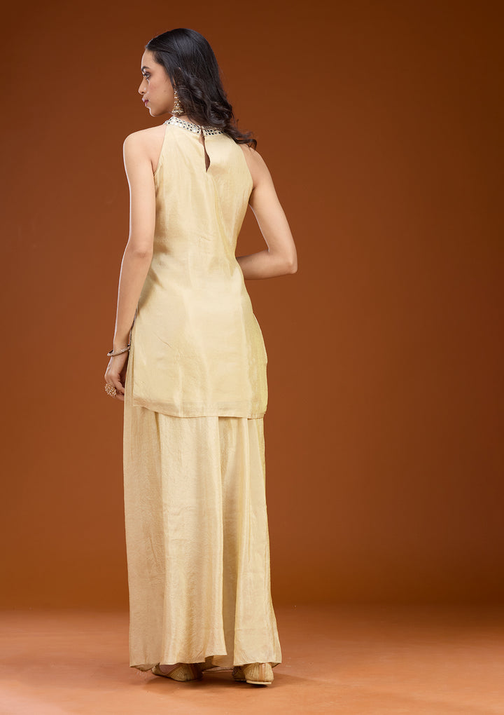Beige Tissue Threadwork Straight Kurta With Palazzo And Dupatta