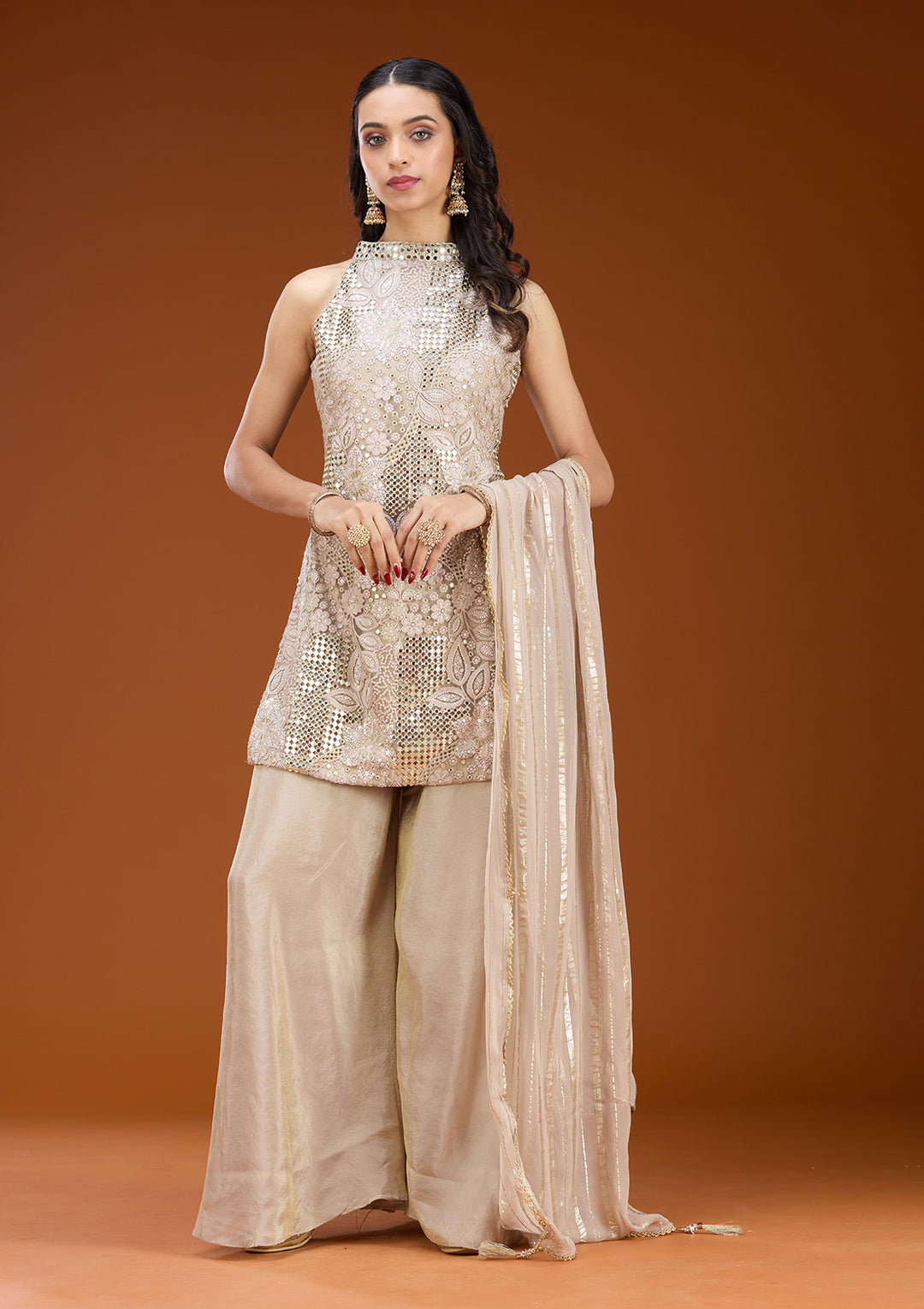 Light Lavender Tissue Threadwork Straight Kurta With Palazzo And Dupatta