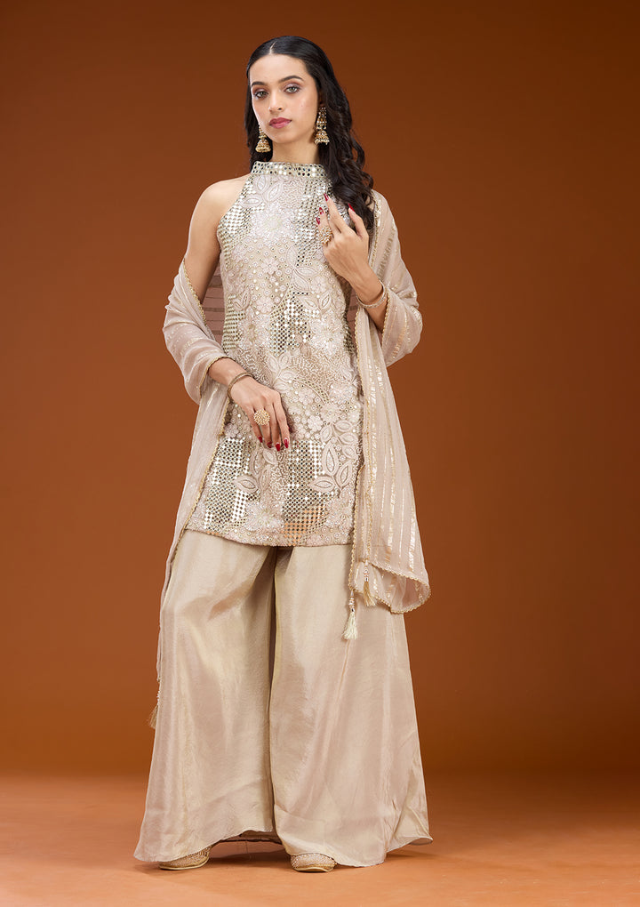 Light Lavender Tissue Threadwork Straight Kurta With Palazzo And Dupatta