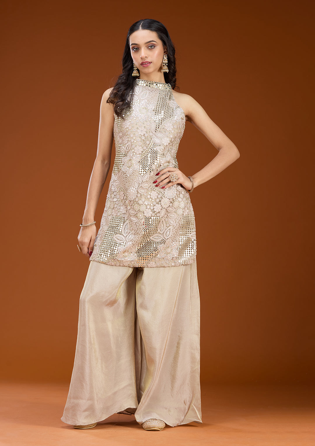 Light Lavender Tissue Threadwork Straight Kurta With Palazzo And Dupatta