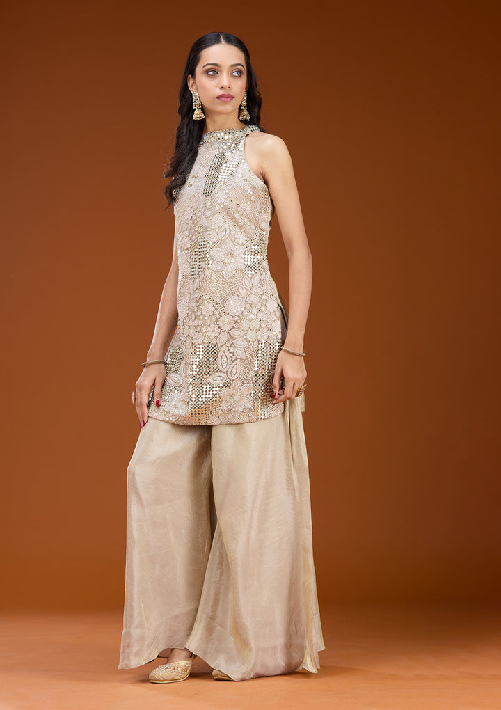Light Lavender Tissue Threadwork Straight Kurta With Palazzo And Dupatta
