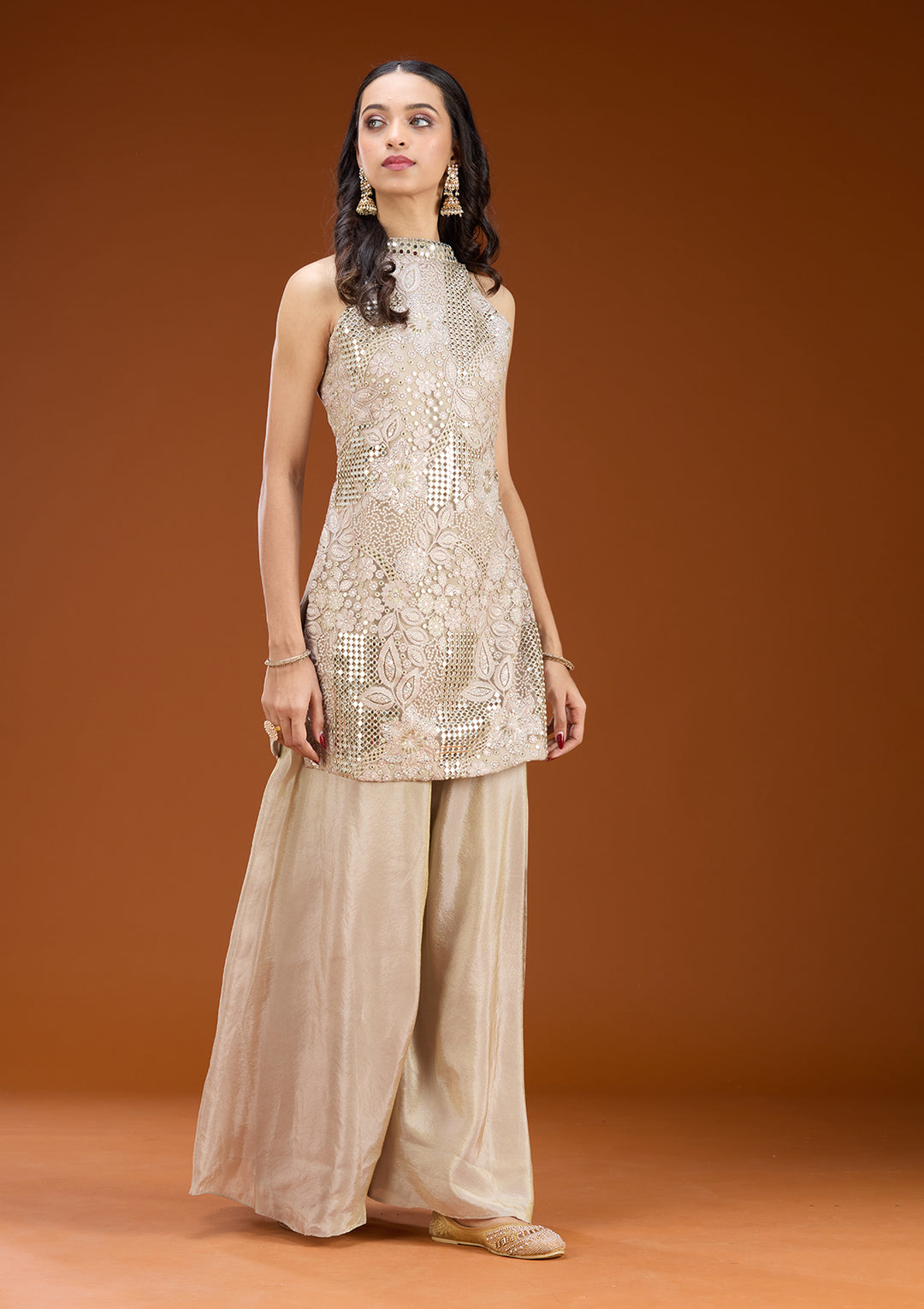 Light Lavender Tissue Threadwork Straight Kurta With Palazzo And Dupatta