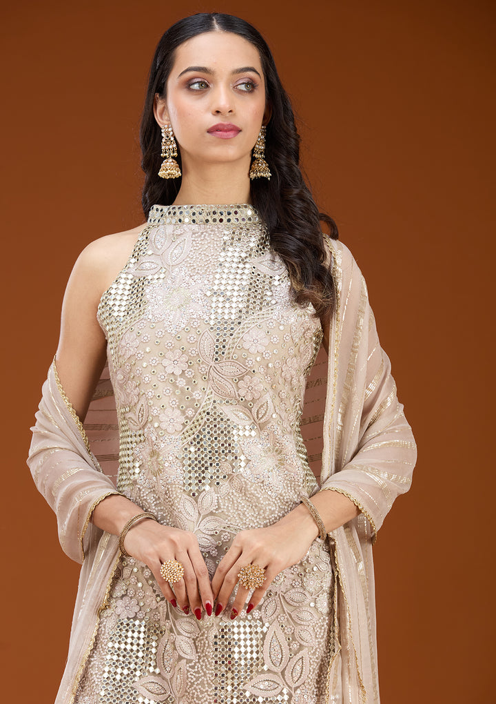 Light Lavender Tissue Threadwork Straight Kurta With Palazzo And Dupatta