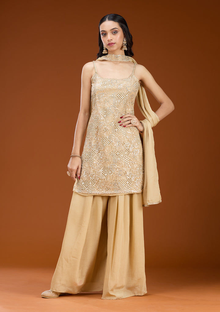 Beige Tissue Threadwork Straight Kurta With Palazzo And Dupatta
