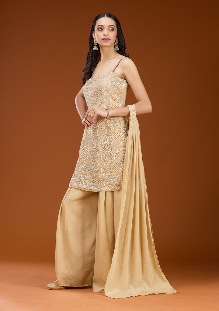 Beige Tissue Threadwork Straight Kurta With Palazzo And Dupatta