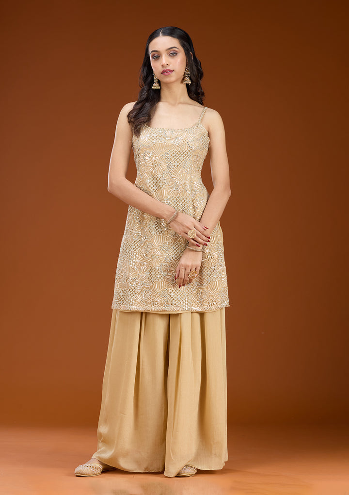 Beige Tissue Threadwork Straight Kurta With Palazzo And Dupatta