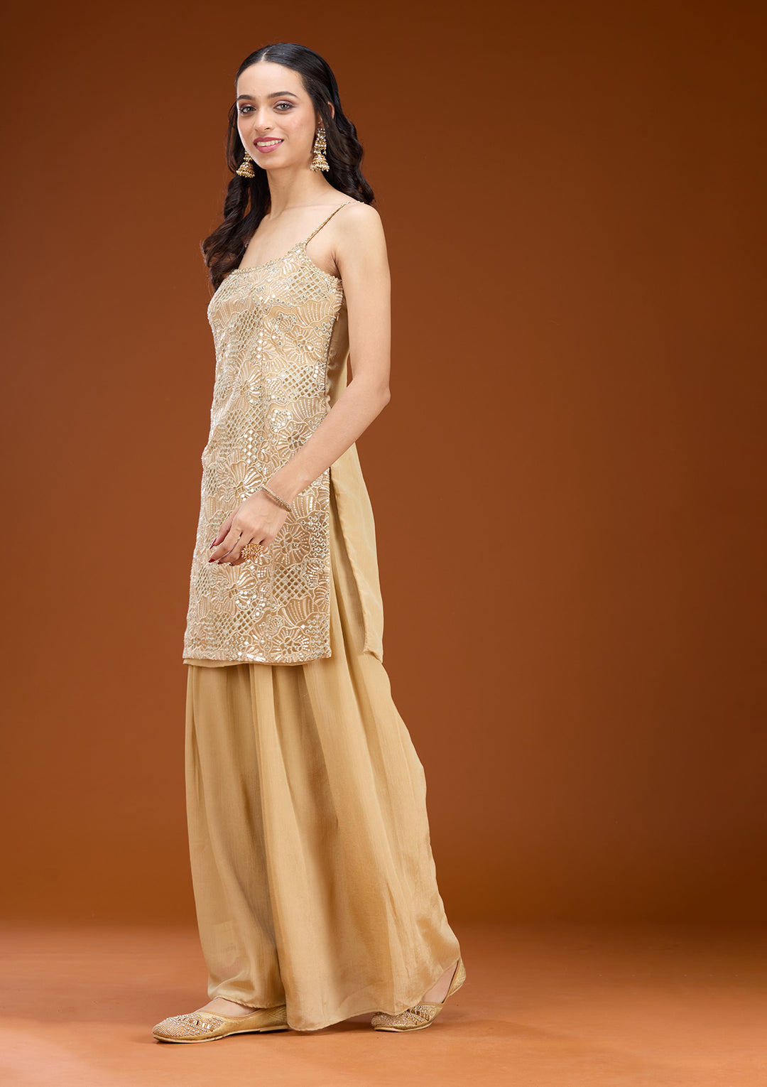 Beige Tissue Threadwork Straight Kurta With Palazzo And Dupatta