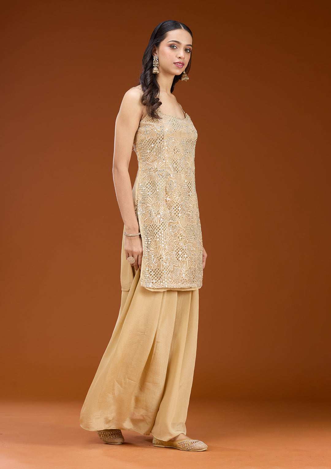 Beige Tissue Threadwork Straight Kurta With Palazzo And Dupatta